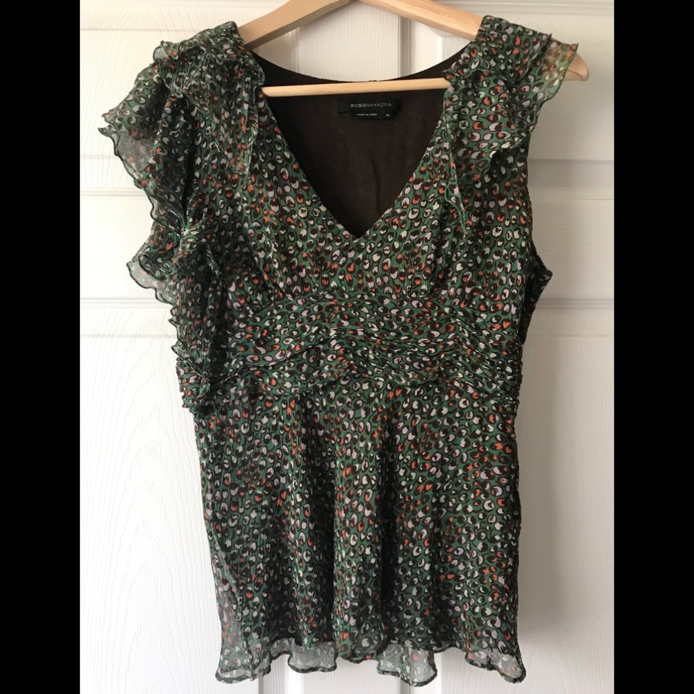 BCBG MAXAZRIA off one Shoulder Angel Ruffle Blouse